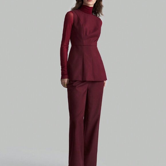 Burgundy Wine Red Sexy Women's Elegant mesh turtlenck Top - Picture 5 of 8